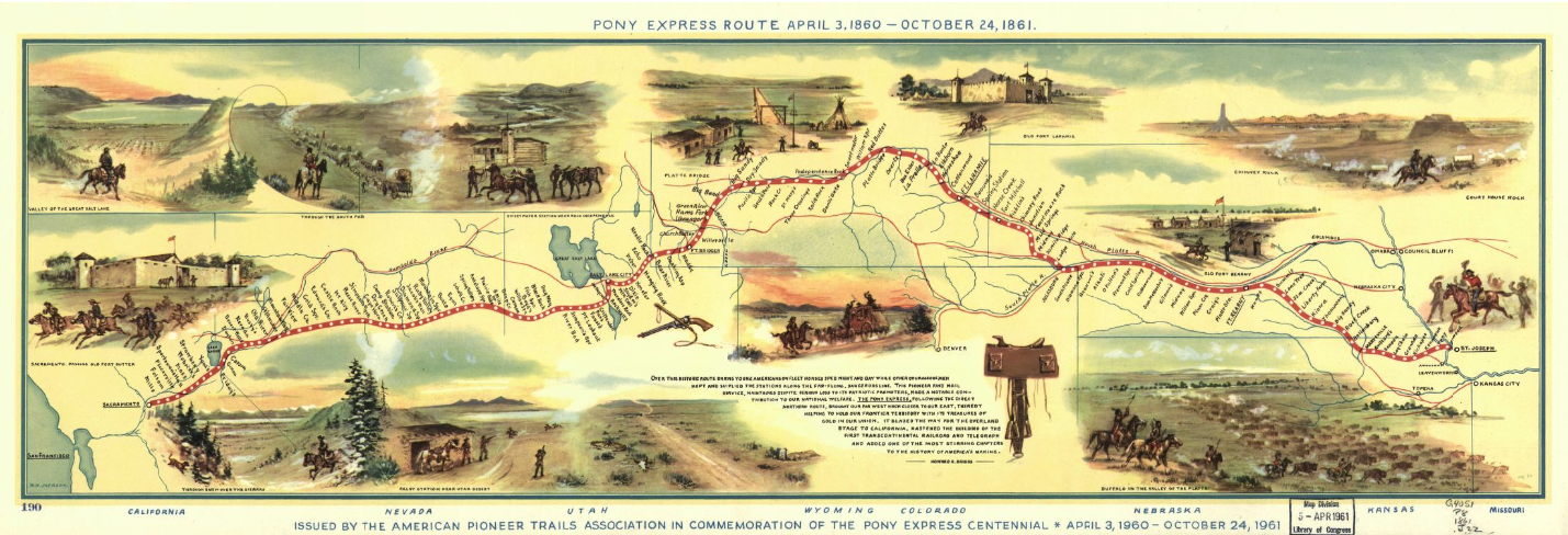 Pony express route April 3, 1860 - October 24, 1861, Source: Library of Congress