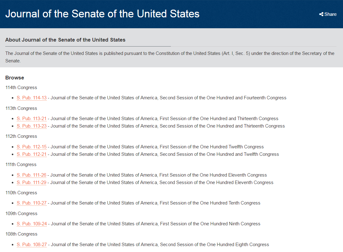 Senate Journal browse landing page