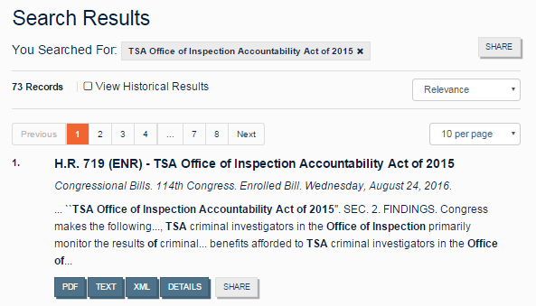 Screenshot of a search result highlighting the short title of the bill being displayed as the title.