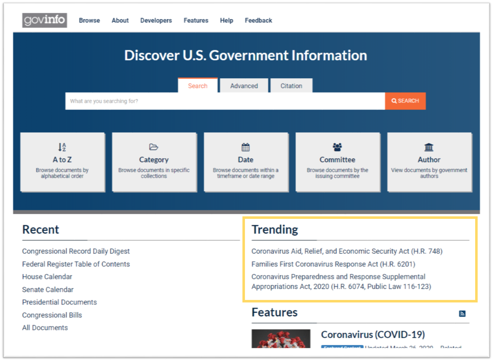 Screenshot highlighting trending section on homepage
