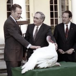 President George H.W. Bush at the Annual Pardoning of the Thanksgiving Turkey, 1991. 