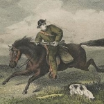 "The pursuit" A hand colored print showing a man from the Pony Express, on horseback, fleeing from Indians, on Indian burial grounds. Source: Library of Congress
