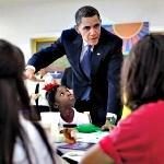 President Obama talking with students during a visit to a charter school in New Orleans, LA, October 1, 2009