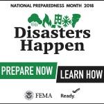 FEMA's 2018 logo with theme: Disasters Happen. Prepare Now. Learn How.